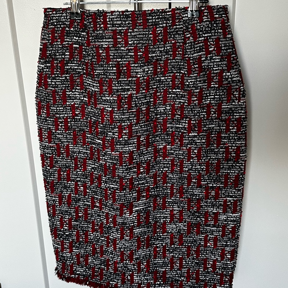 Karl Lagerfeld Red, Black and White Tweed Pencil Skirt